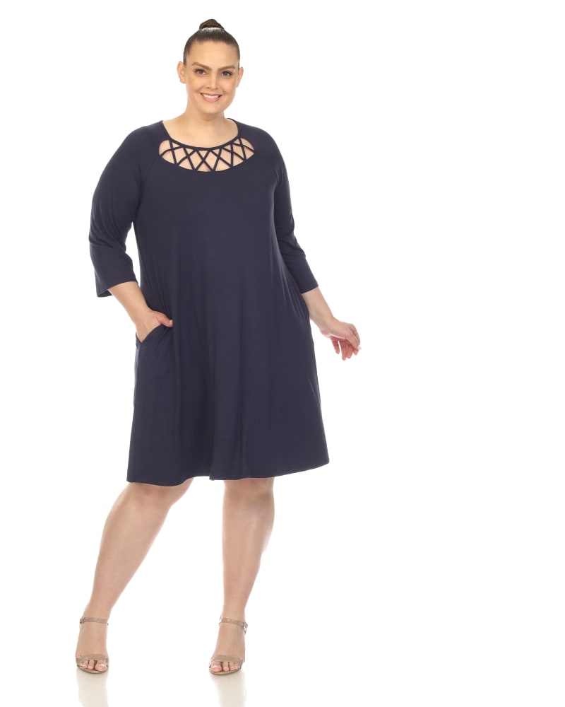 Front of a model wearing a size 2X White Mark Women's Criss Cross Neckline Swing Midi Dress in Navy by White Mark. | dia_product_style_image_id:291919